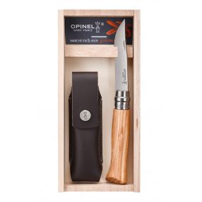   Opinel "Tradition Luxe" N°08 zsebkés tokkal, rozsdamentes acél, 8,5 cm, Olive, fa díszdobozban, ajándék gravírozással - 05467