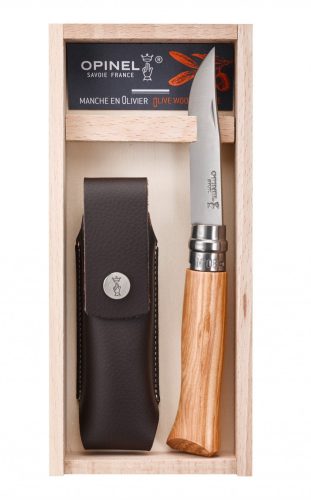 Opinel "Tradition Luxe" N°08 zsebkés tokkal, rozsdamentes acél, 8,5 cm, Olive, fa díszdobozban, ajándék gravírozással - 05467