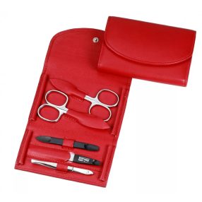   Hans Kniebes manikűr készlet ajándék gravírozással | Pénztárca formájú | Rozsdamentes Eszközökkel | 2 Ollóval | 5 Részes | Piros Bőrtok - 3520-0905