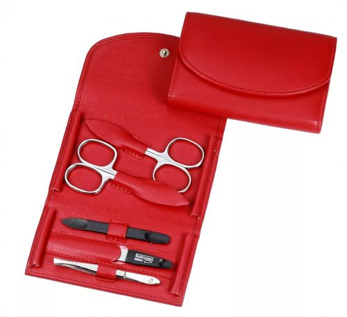 Hans Kniebes manikűr készlet ajándék gravírozással | Pénztárca formájú | Rozsdamentes Eszközökkel | 2 Ollóval | 5 Részes | Piros Bőrtok - 3520-0905