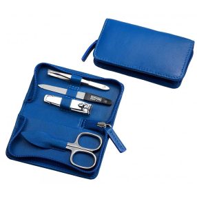   Hans Kniebes cipzáras manikűrkészlet ajándék gravírozással | Körömcsipesszel | Rozsdamentes Eszközökkel | 4 Részes | Kék Bőrtok - 4000-0944