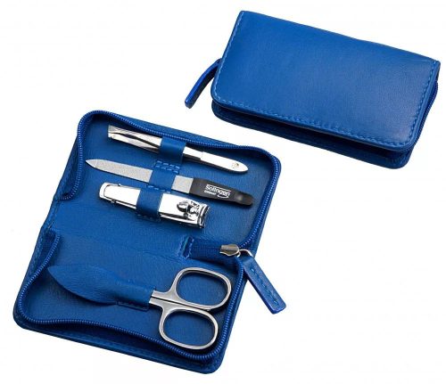 Hans Kniebes cipzáras manikűrkészlet ajándék gravírozással | Körömcsipesszel | Rozsdamentes Eszközökkel | 4 Részes | Kék Bőrtok - 4000-0944