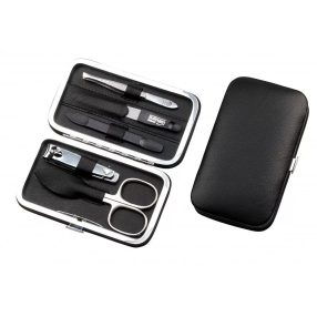   Hans Kniebes kis fémkeretes manikűrkészlet ajándék gravírozással | Rozsdamentes Eszközökkel | 1 Ollós | Körömcsipeszes | 5 Részes | Fekete Bőrtok - 5030-0902