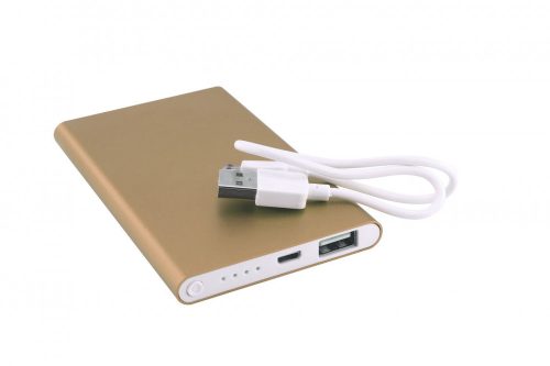 Alumínium power bank, ARANY - töltésjelzővel, USB / Micro USB kábellel, ajándék gravírozással - B09.3837.80