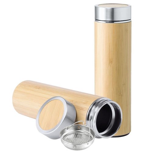 Rozsdamentes acél termosz teaszűrővel,bambusz borítással, ajándék gravírozással - F04.3982